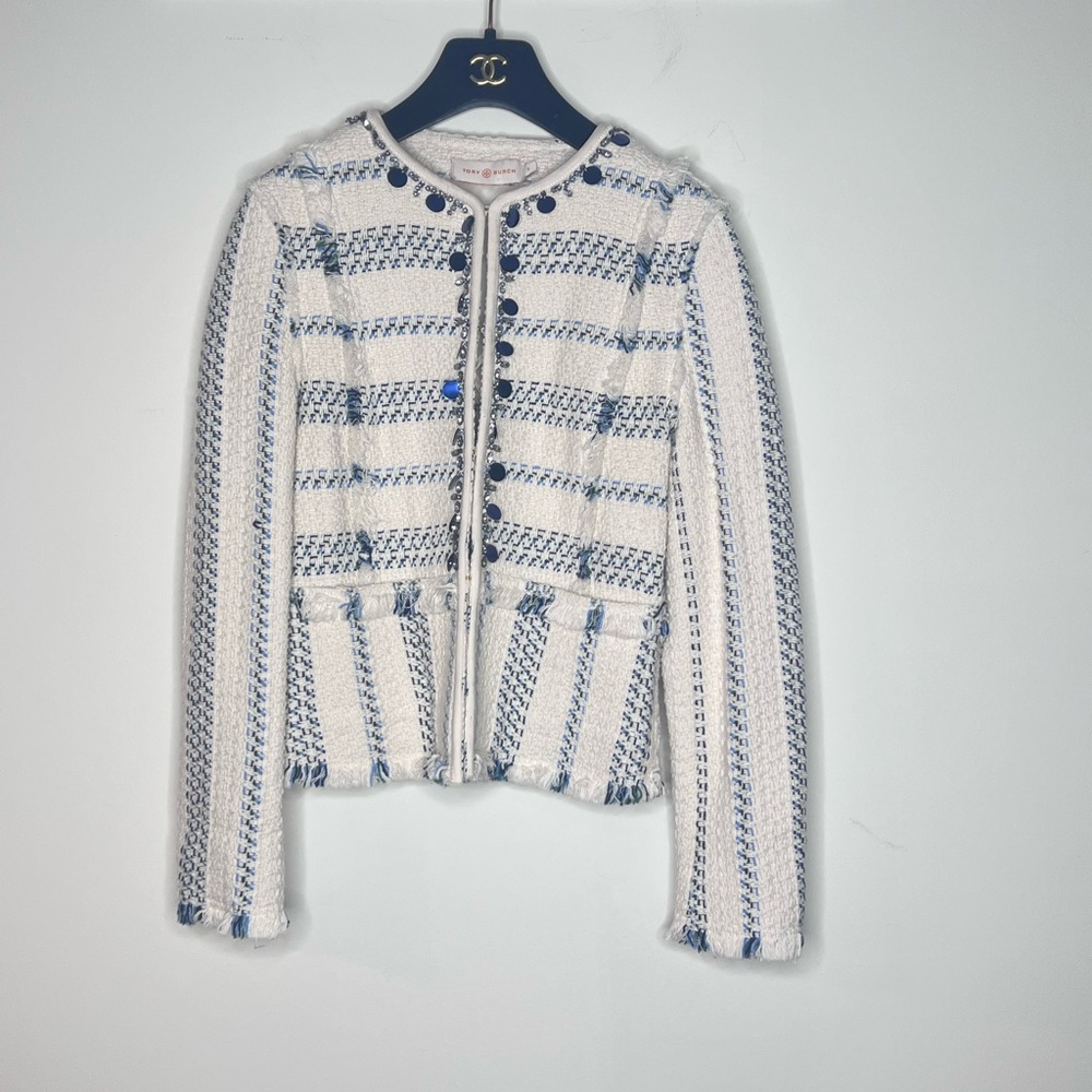 Tory Burch Abbot Embellished Striped Tweed Jacket XS - Picture 2 of 6